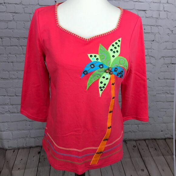 Jack B Quick VTG Tropical Palm Tree Coral Sweater Women Size M Embellished - Picture 1 of 6